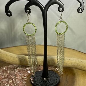 Green Rhinestones Silver Multi Chain Earrings